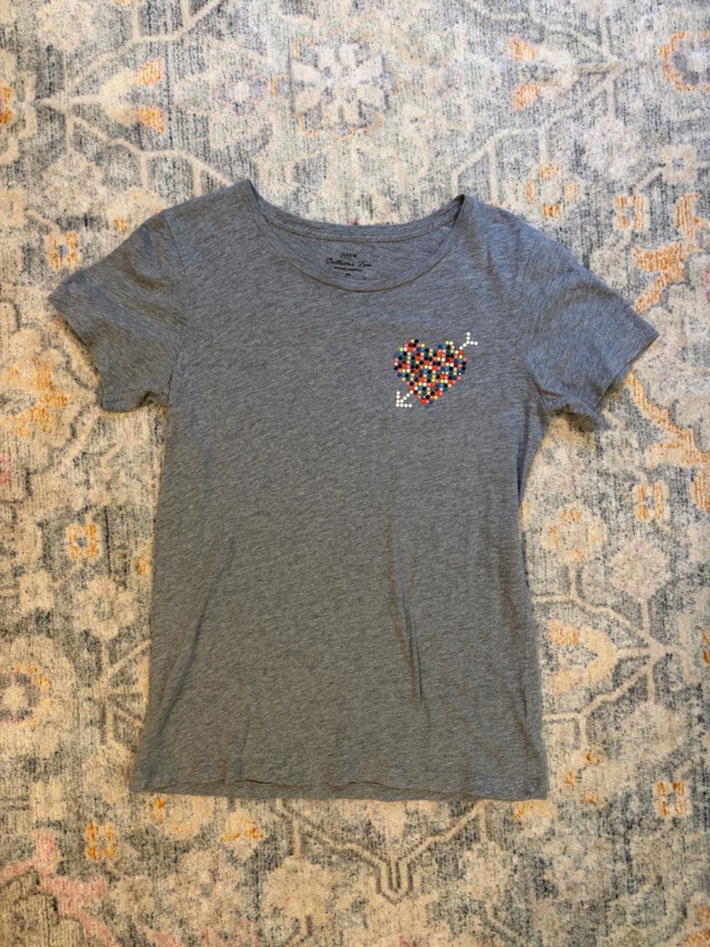 J. Crew Grey Tee with Multicolor beaded Heart